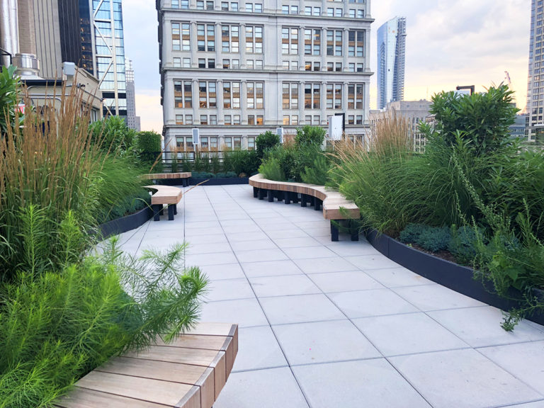 New York City rooftop and terrace planting and landscape architecture with custom benches and planters
